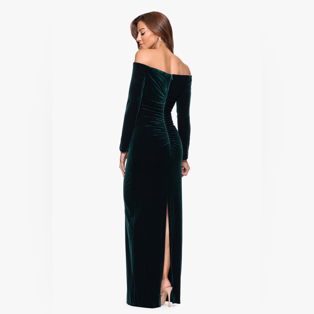 Xscape Off-Shoulder Velvet Dress in Deep Green - Picture 4 of 9
